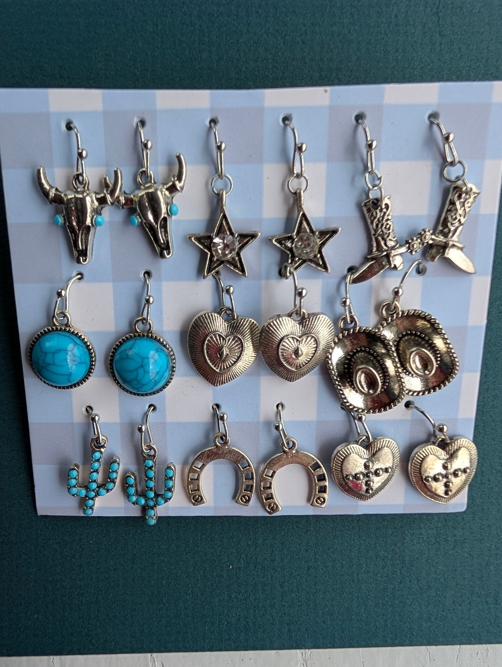 Western Set Of 9 Earrings Charm  - Heart, Star, Cactus  Horseshoe